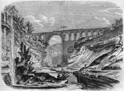 Arkkitehtuuri: näkymä Valserinen maasillalle (Rhône Alpes) Lyonin ja Geneven välisellä rautatiellä. 1858. Kaiverrus "" Le Monde Illustré" -julkaisussa nro 48, 13. maaliskuuta 1858. tekijältä French School
