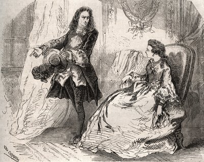 Armande Bejart (1641-1700), Jean Baptiste Poquelin dit Molieren (1622-1673) vaimo rakastajansa, Guichen kreivin kanssa, kaiverrus vuodelta 1871 Henry de Kockin (1819-1892) "Histoire Des Cocus Celebres" -kirjaan. tekijältä French School
