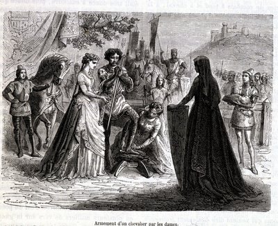 Ritarin aseistaminen naisten toimesta 1100-luvulla - Martinin "Histoire de France" -teoksessa. tekijältä French School