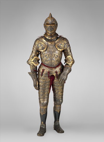 Henry II:n, Ranskan kuninkaan (hallitsi 1547–1559) panssari, n. 1555 (teräs, kulta, hopea, nahka, tekstiili)   Päivämäärä: n. 1555 Medium: Teräs, kulta, hopea, nahka, tekstiili tekijältä French School