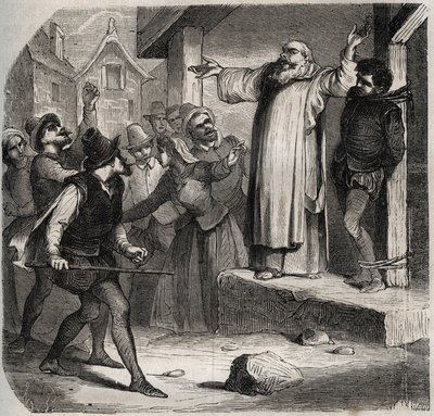 Arnaud du Tilh (Thil) on kiinnitetty hirsipuuhun ja joutuu väkijoukon loukkausten kohteeksi ennen teloitustaan Martin Guerren (noin 1524 noin 1560) henkilöllisyyden kaappauksesta. Kaiverrus vuodelta 1871 Henry de Kockin teokseen "Histoire Des Cocuses Celeb tekijältä French School