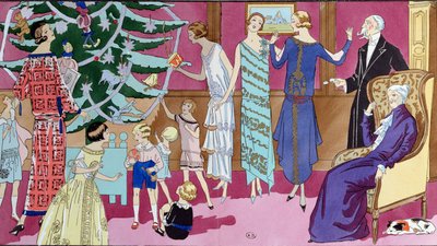 Joulupuun ympärillä, muotilevy Art Gout Beaute -lehdestä, joulukuu 1923 tekijältä French School