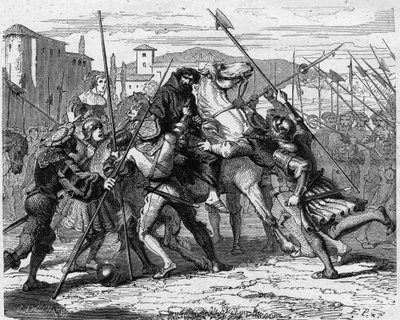 Ludovic Marie Sforza dit le Moren (Ludovico Maria Sforza detto il Moro) (1452-1508) pidätys Milanossa vuonna 1500 sveitsiläisten palkkasoturien pettämänä hän joutui Ranskan armeijan käsiin. Kaiverrus Paul Lehugeurin Histoire De France En Cent -maalauksiin  tekijältä French School