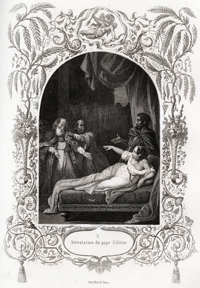 Paavi Silveren (Silverio) pidätys (paavi 536-537). Maurice Lachatren (1814-1900), Librairie du progress, Pariisin Histoire des Popes -teoksen havainnollistava kaiverrus. tekijältä French School
