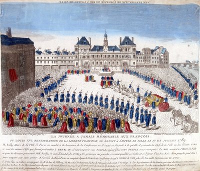 Ludvig XVI:n saapuminen Hôtel de Villeen Pariisiin 17. heinäkuuta 1789 - kaiverrus tekijältä French School