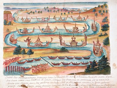 Ranskan suurlähettiläiden saapuminen Siamiin, kertomus jesuiitoista Siamissa, 1688 (wc paperilla) tekijältä French School
