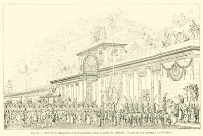 Keisarin ja keisarinnan saapuminen Tuileriesin puutarhaan hääpäivänä 2. huhtikuuta 1810 tekijältä French School