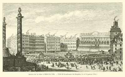 Kuningattaren saapuminen Hôtel de Villeen, Dauphinin syntymäpäiväjuhlat, 21. ja 23. tammikuuta 1782 tekijältä French School