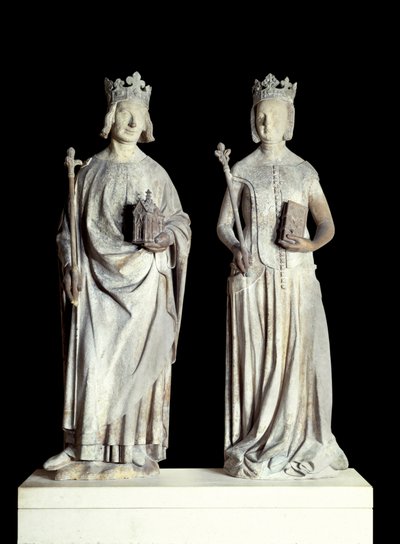 Art France: Ranskan kuninkaan Kaarle V:n patsaat, joka tunnetaan nimellä Kaarle Viisas (1338-1380) ja Ranskan kuningatar Jeanne de Bourbon (1337-1378). Kalkkikiviveistos 1300-luvulta. Luultavasti Louvren itäisen sisäänkäynnin julkisivusta (sisustus tekijältä French School