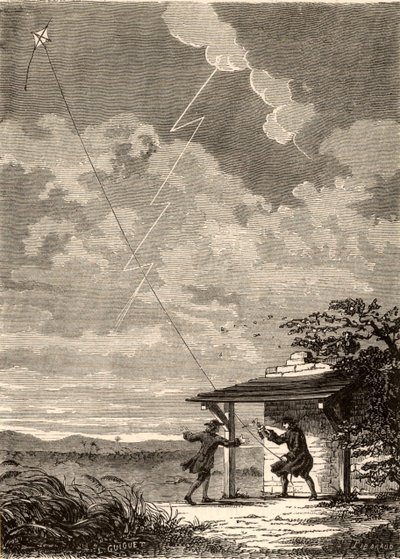 Taiteilijan kuva Benjamin Franklinin tutkimuksesta salaman sähköisestä luonteesta, Louis Figuierin teoksesta "Les Merveilles de a Science", noin 1870 (kaiverrus). tekijältä French School