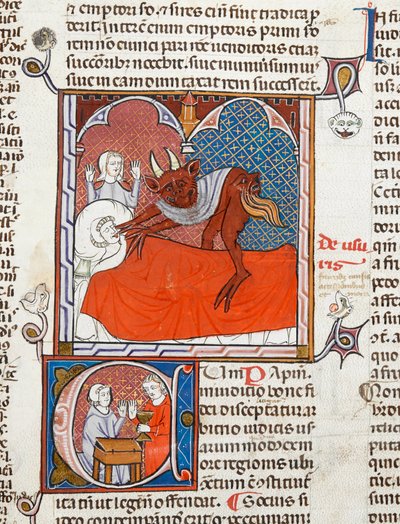 Arundel 484 f.245 Paholainen tai demoni kuolleen henkilön sängyllä, kuvitus Digestum Vetusista kiiltävällä ordinarialla, Justinianus, n. 1300-10 (vellum) tekijältä French School