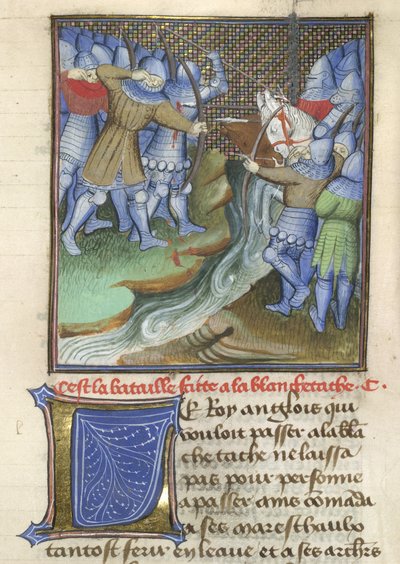 Arundel 67, f.144, Keskiaikaiset sotilaat taistelemassa joen toisella puolella Chroniques d