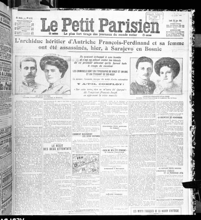 Itävallan arkkiherttua Franz Ferdinandin (1863-1914) ja hänen vaimonsa salamurha Le Petit Parisienista, 29. kesäkuuta 1914 tekijältä French School