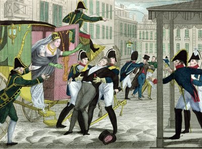 Louis Louvel murhasi Charles-Ferdinand Ranskan (1778-1820) Berryn herttuan, Louis Louvelin, oopperatalon edessä rue de Richelieun varrella. tekijältä French School