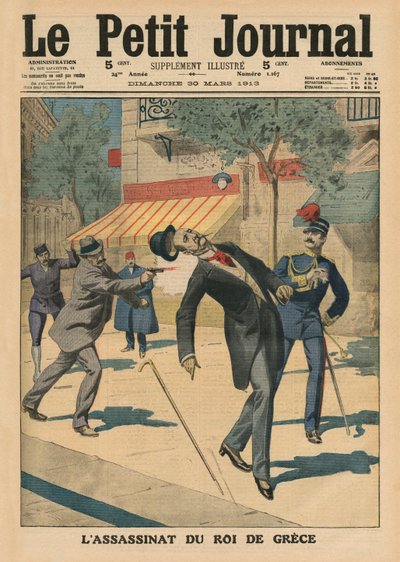 George I:n, Kreikan kuninkaan, salamurha, etukannen kuvitus Le Petit Journalista, liitekuva, 30. maaliskuuta 1913 (värilitho) tekijältä French School
