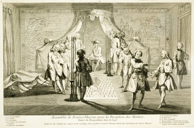 Vapaamuurarien kokous mestarin vihkimistä varten, ehdokkaan sisäänkäynti looshiin, julkaisusta The Ceremonies of Religion and Custom, n. 1733 tekijältä French School