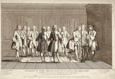 Francin maconien kokoonpano oppisopimusoppilaiden vastaanottoa varten (kaiverrus) tekijältä French School