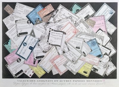 Assignatit ja muut esimerkit paperirahasta niiden liikkeeseenlaskuhetkestä 1789 niiden liikkeeseenlaskun lopettamiseen vuonna 1797 (värikaiverrus) tekijältä French School