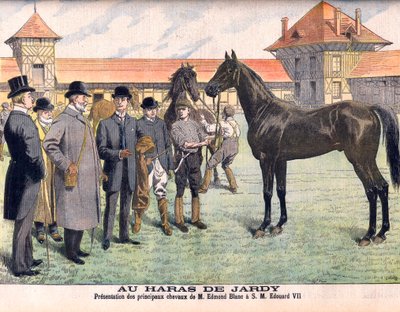 Jardyn hevostilalla Pariisin ulkopuolella (Marnes-la-Coquette). Kasvattaja Edmond Blanc näyttää parhaat hevosensa kuningas Edward VII:lle. Jardy Stud. Edmond Blancin tärkeimpien hevosten esittely HM Edouard VII:lle (1841-1910). Kuvitus Le petit Journalille tekijältä French School
