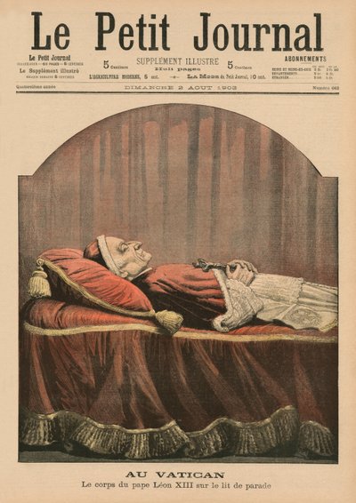 Vatikaanissa paavi Leo XIII makaa maassa, etukannen kuvitus Le Petit Journalista, liitekuva, 2. elokuuta 1903 tekijältä French School