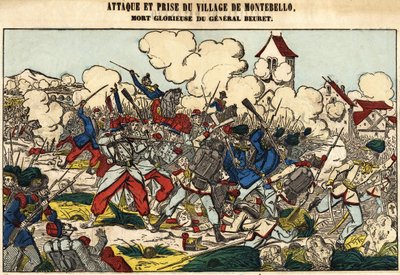 Montebellon kylän hyökkäys ja vangitseminen, kenraali Beuretin loistava kuolema vuonna 1859. Kuva Epinalista tekijältä French School