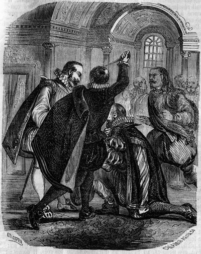 Jean Chastelin (Jean Chatel) (1575-1594) salamurhayritys Ranskan kuninkaaseen Henrik IV:ään 27. joulukuuta 1594. Kaiverrus 1800-luvulta. tekijältä French School