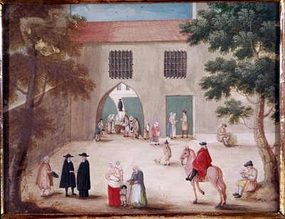 Aumones Port Royal des Champsin luostarin pihalla Näkymä Port-Royal-des-Champsin sisäpihalle. Anonyymi maalaus ranskalaisesta koulusta tekijältä French School