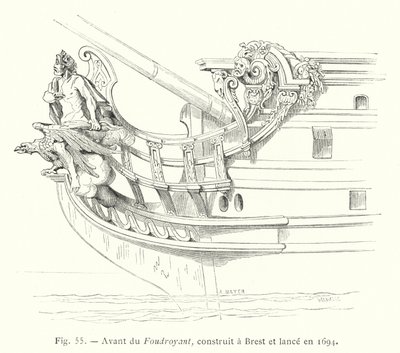 Avant du Foudroyant, rakennettu Brestissä ja lanseerattu vuonna 1694 (kaiverrus) tekijältä French School