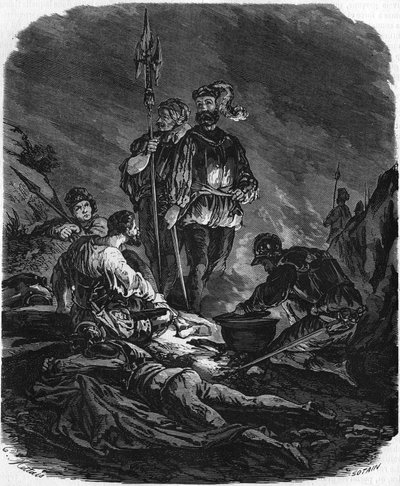 Pahat pojat, ryöstäjät 1500-luvun sotien aikana. Teoksessa "" Histoire Populaire de la France"", sd. noin 1885. Kaiverrus. tekijältä French School