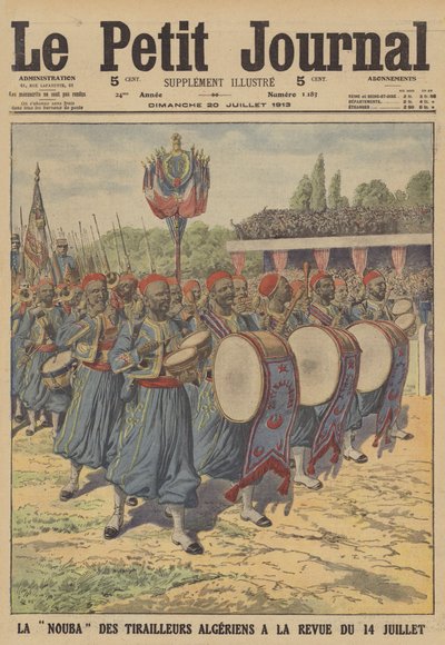 Algerian tirailleur-yhtye marssii Bastille-päivän sotilasparaatissa Pariisissa (värilitho) tekijältä French School