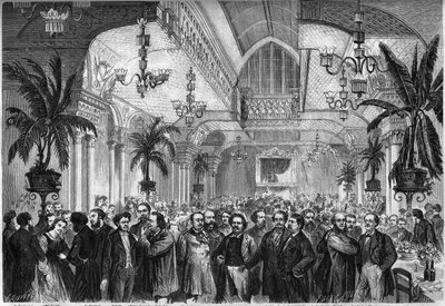 "Le Figaro" -lehden juhlajuhla, pidetty 6. helmikuuta 1864 Restaurant du Passage des Princes -salissa Pariisissa, johon osallistui toimittajia, kirjailijoita, taiteilijoita... Paikalla, vasemmalta oikealle: Nestor Roqueplan , rouva Ugalde , de Montaut, Pet tekijältä French School
