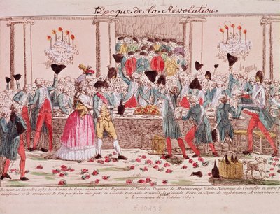 Kuninkaan henkivartijat pitivät 1. lokakuuta 1789 Flanderin rykmentin saapumisen tervetulleeksi (kaiverrus) tekijältä French School