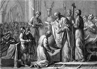 Cloviksen kaste 1., 25. joulukuuta 496: Saint Remi (437-533) kastaa frangien kuninkaan (466-511) Pyhän Martinin kirkossa. Kaiverrus 1700-luvulta. tekijältä French School