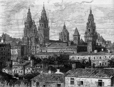 Barokkitide: näkymä Santiago de Compostelan katedraalille (Santiago de Compostela). Espanja. Kaiverrus "" Le Monde Illustré" -julkaisussa nro 1220, 14. elokuuta 1880. tekijältä French School