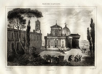 Basilica della Santa Casa - Loreto - Loretten pyhäkkö - Loreto - Loreton Neitsyt Marian basilika - Loreton pyhä talo tai Nasaretin talo - Kaiverrus "" Maalauksellisesta Italiasta"" - Italian historiallinen ja kuvaava maalaus", kirjoittaja M. de Norvins, Ch tekijältä French School