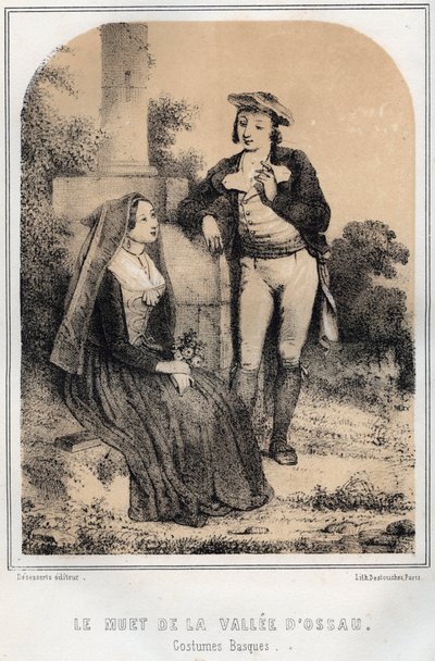Baskilaiset puvut - Ossaun laakson mykkä - MORING MICHELin kaiverrus "Les soirees de mon uncle souvenirs et recits de voyages" - 1800-luvun loppu tekijältä French School