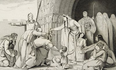 Bathilda antaa rahaa köyhille, Colartin "Histoire de France" -teoksesta, julkaistu noin vuonna 1840. tekijältä French School