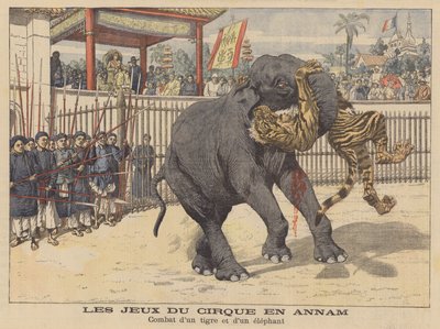 Norsun ja tiikerin välinen taistelu sirkuksessa Annamissa, Indokiinassa (värilitro). tekijältä French School