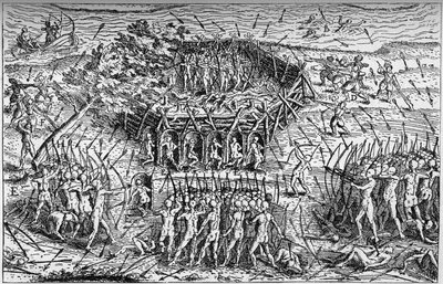 Taistelu ranskalaisen Samuel de Champlainin (noin 1567-1635) ja irokeesien välillä. Kanada, 1600-luvun alku. Kaiverrus kirjaan "La Marine et les colonies: commerce" tekijältä French School