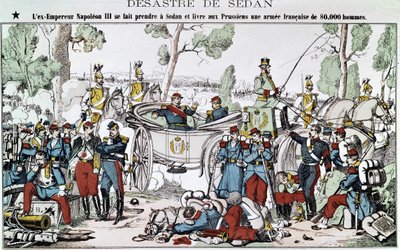 Sedanin taistelu vuonna 1870. Entinen keisari Napoleon III jää kiinni Sedanissa ja toimittaa preussille 80 000 miehen ranskalaisen armeijan, kuva selkärangasta. tekijältä French School