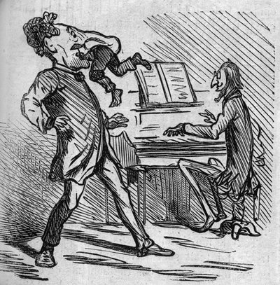 Ennen kuin laulaa Mr. Offenbachin musiikkia, tenori Hyacinthe saa pamauksen helpottaakseen pääääniään. Ranskalaiset naturalisoivat saksalaisen säveltäjän Jacques Offenbachin (1819-1880), joka soittaa pianoa ja Louis Hyacinthe Duflost, dit Hyacinthe tekijältä French School