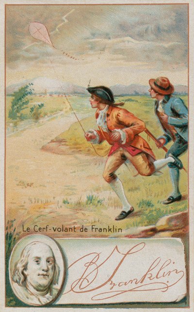 Benjamin Franklin lennättää leijaa, johon salama iskee tekijältä French School