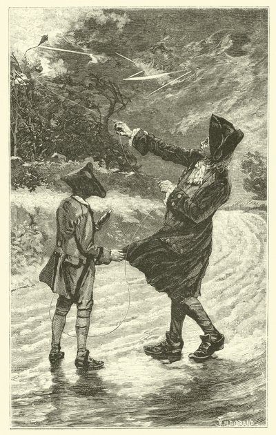 Benjamin Franklin lennättää leijaansa (kaiverrus) tekijältä French School