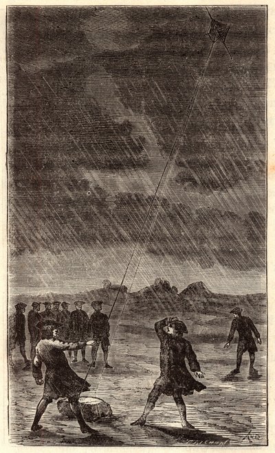 Benjamin Franklinin salamakoe – Benjamin Franklinin (1706-1790) kokemus lennättäessä lentävää kauria osoittaakseen salaman sähköisen luonteen. Värityskaiverrus 1800-luvulta. Kaiverrus "" Tieteissä kaikkien saataville - fys tekijältä French School