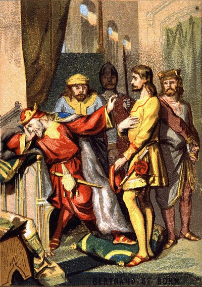 Bertran (Bertrand) de Born (1140 - 1215) trubaduuri Perigordin, Hautefortin herra, ennen Englannin Henrik II:ta (1133 - 1189). Kromolitografia sarjasta "" Isänmaallinen kasvatus kuvan kautta"". tekijältä French School