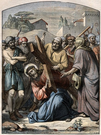 Raamatun kohtaus - Ristin tie: Jeesus auttaa Simon Kyrenelaista (Kyrenelainen). Kaiverrus "" Le Pelerin" -kirjassa 13. syyskuuta 1896. tekijältä French School