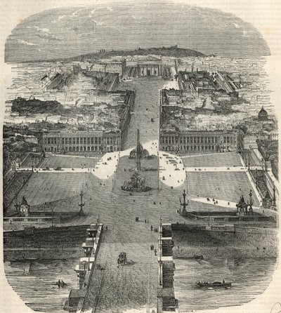 Lintunäkymä Place de la Concordelle, rue Royalelle ja Madeleinen kirkko - Edmond Texierin kaiverrus "Tableau-de-Paris" 1852 tekijältä French School