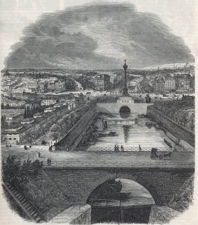 Lintunäkymä Saint-Martinin kanavalle (Saint Martin), Placelle ja Bastillen alueelle, otettu Seinen oikealta rannalta - Edmond Texierin kaiverrus "Tableau-de-Paris" 1852 tekijältä French School