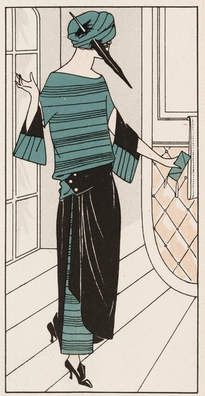 Mustan ja turkoosin värinen crepe de chine -mekko 1920-luvulta (värilitografia). tekijältä French School