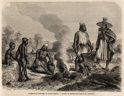 Seppällä on Hadamardin piirustus Fouta Djalonissa (Senegal), havainnollistamaan luutnantti Lambertin matkaa Fouta Djaloniin vuonna 1860. Kaiverrus "" Le tour du monde"" 1861. Selvan kokoelma. tekijältä French School